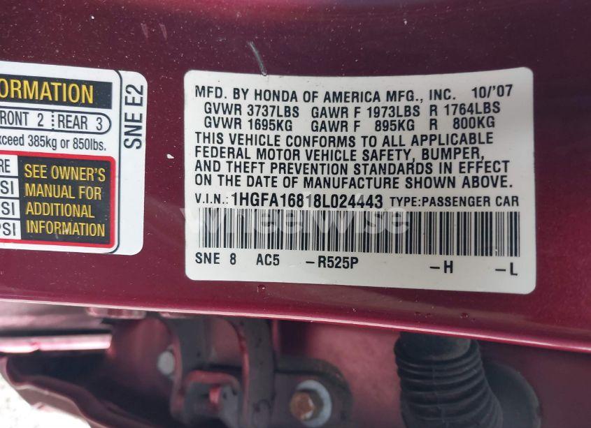 Photo 9 of 2008 Honda Civic EX (VIN 1HGFA16818L024443)