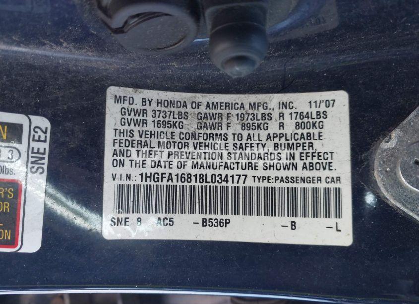 Photo 9 of 2008 Honda Civic EX (VIN 1HGFA16818L034177)