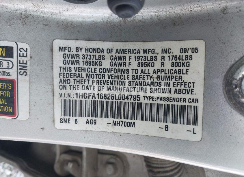 Photo 9 of 2006 Honda Civic EX (VIN 1HGFA16826L004795)