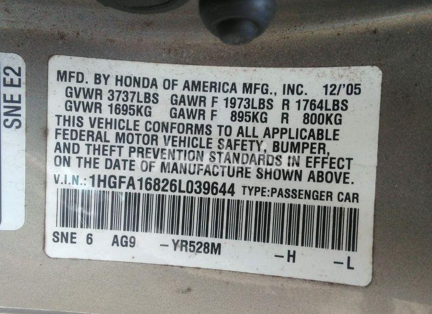Photo 9 of 2006 Honda Civic EX (VIN 1HGFA16826L039644)