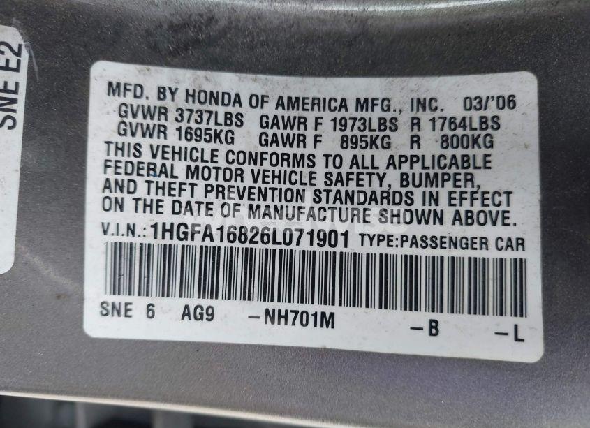 Photo 9 of 2006 Honda Civic EX (VIN 1HGFA16826L071901)