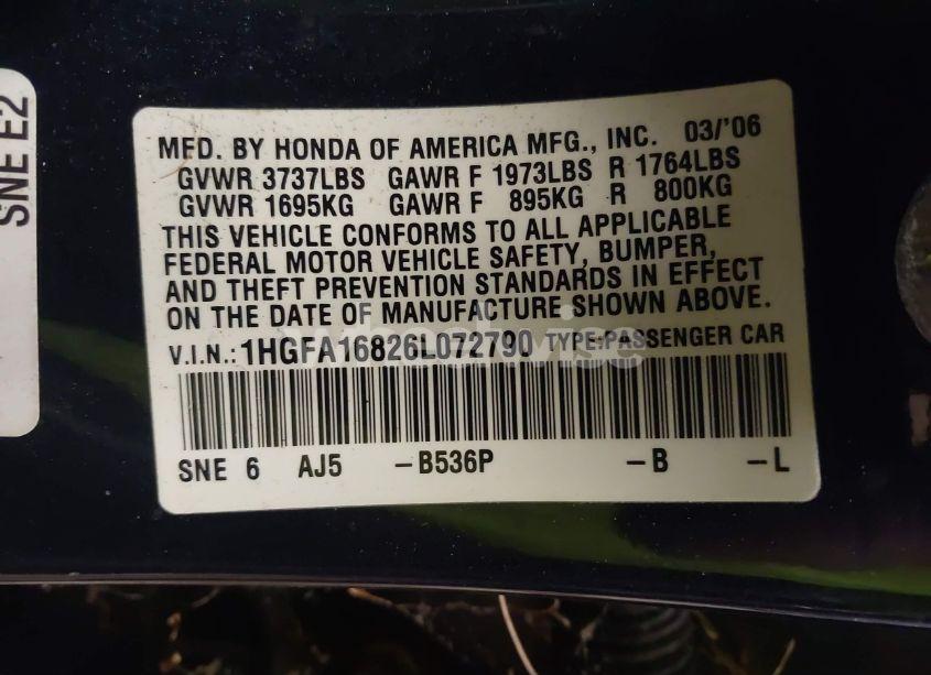 Photo 9 of 2006 Honda Civic EX (VIN 1HGFA16826L072790)