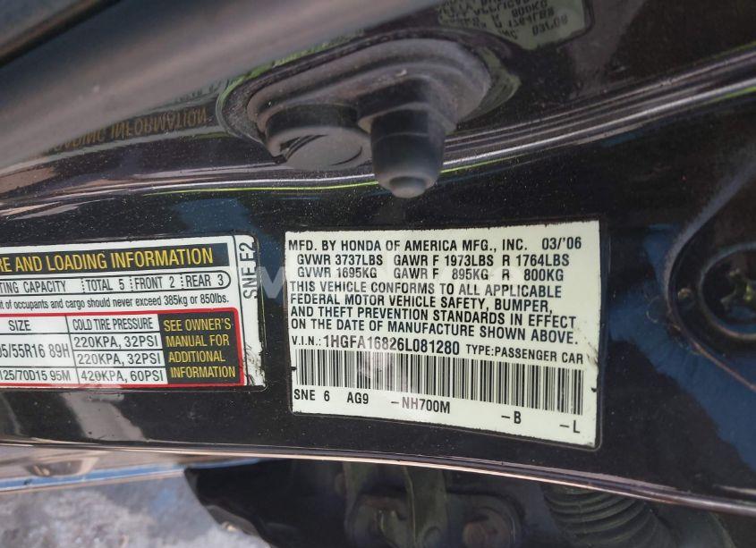 Photo 9 of 2006 Honda Civic EX (VIN 1HGFA16826L081280)