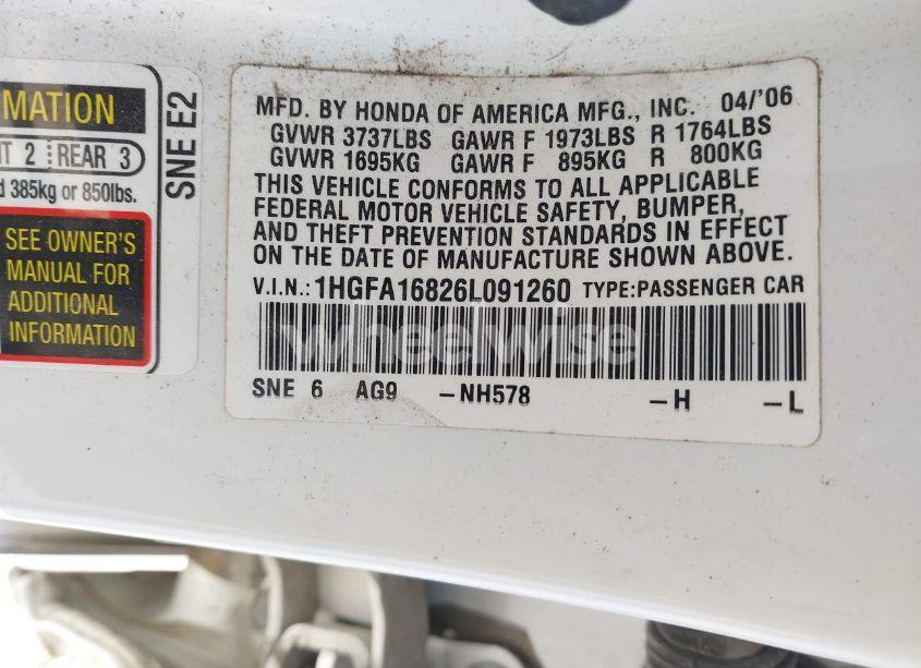 Photo 9 of 2006 Honda Civic EX (VIN 1HGFA16826L091260)