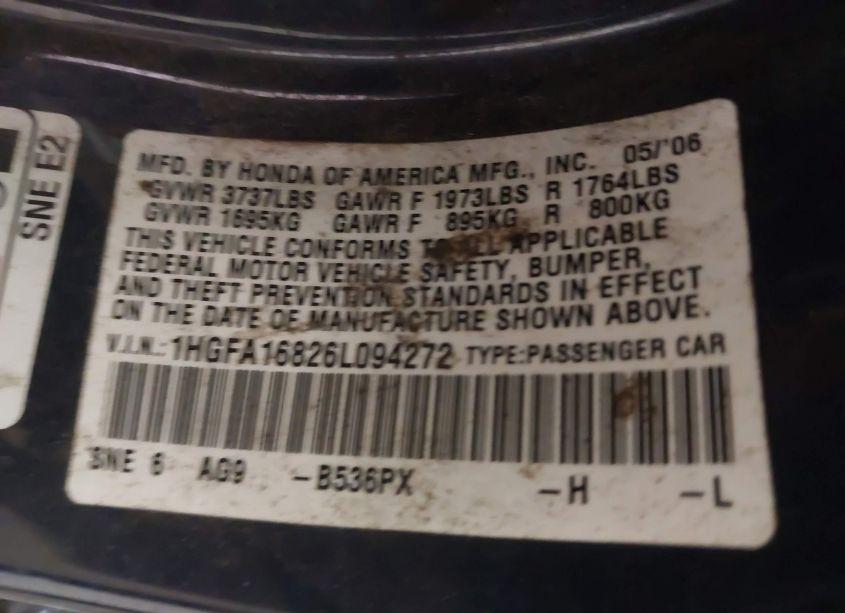 Photo 9 of 2006 Honda Civic EX (VIN 1HGFA16826L094272)