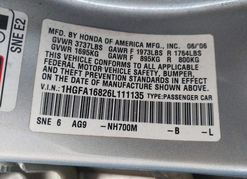 Photo 9 of 2006 Honda Civic EX (VIN 1HGFA16826L111135)