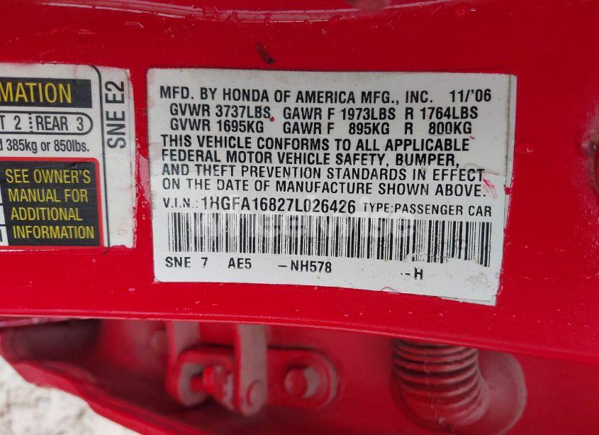 Photo 9 of 2007 Honda Civic EX (VIN 1HGFA16827L026426)