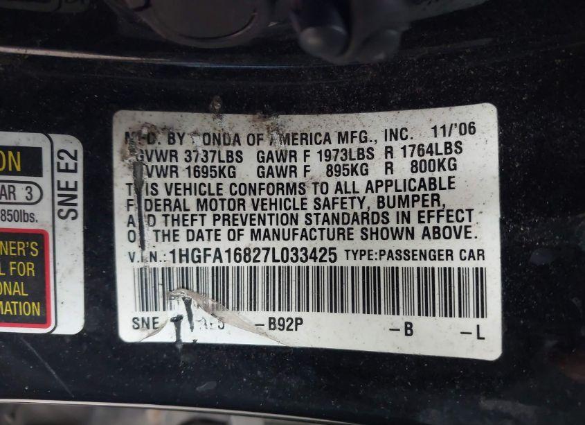 Photo 9 of 2007 Honda Civic EX (VIN 1HGFA16827L033425)