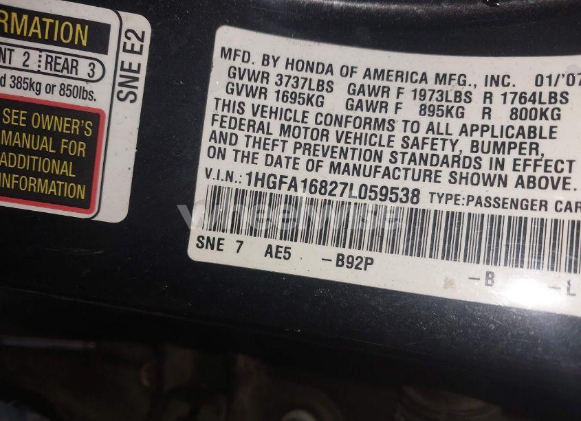 Photo 9 of 2007 Honda Civic EX (VIN 1HGFA16827L059538)
