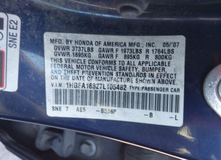 Photo 9 of 2007 Honda Civic EX (VIN 1HGFA16827L105482)