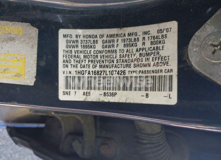 Photo 9 of 2007 Honda Civic EX (VIN 1HGFA16827L107426)