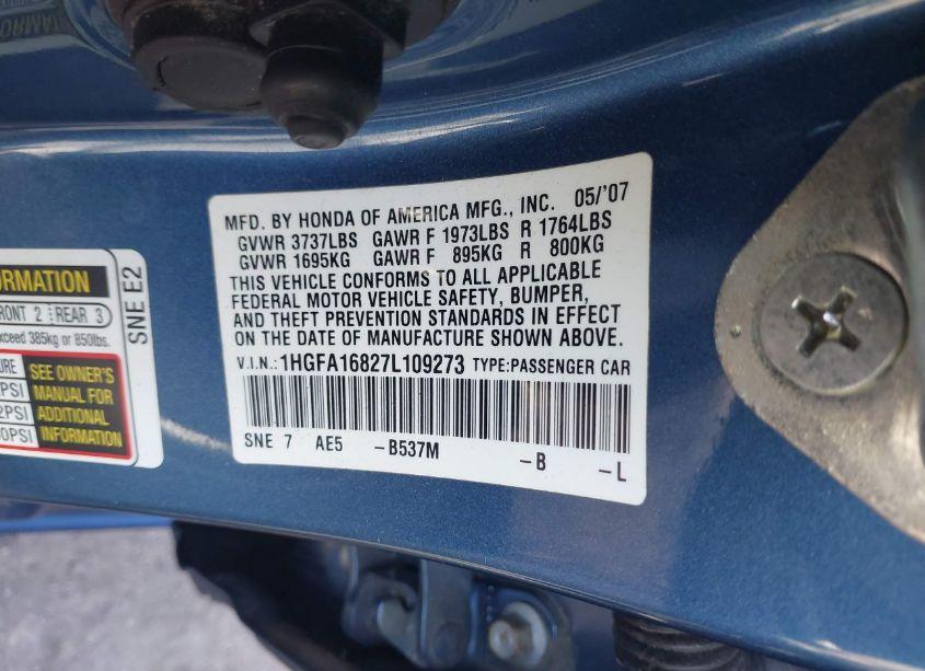 Photo 9 of 2007 Honda Civic EX (VIN 1HGFA16827L109273)