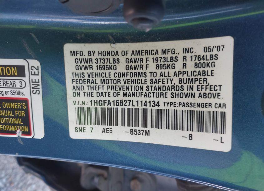 Photo 9 of 2007 Honda Civic EX (VIN 1HGFA16827L114134)