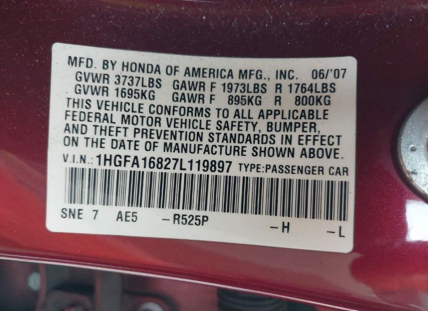 Photo 9 of 2007 Honda Civic EX (VIN 1HGFA16827L119897)