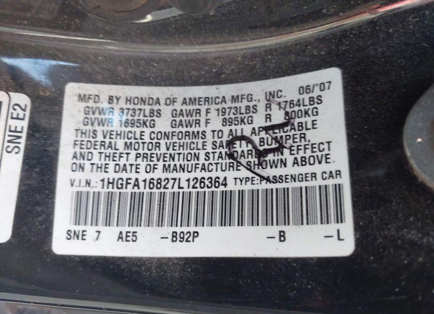 Photo 9 of 2007 Honda Civic EX (VIN 1HGFA16827L126364)