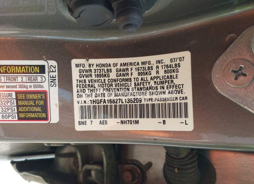 Photo 9 of 2007 Honda Civic EX (VIN 1HGFA16827L135209)