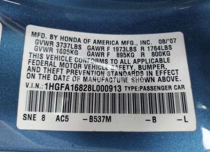 Photo 9 of 2008 Honda Civic EX (VIN 1HGFA16828L000913)