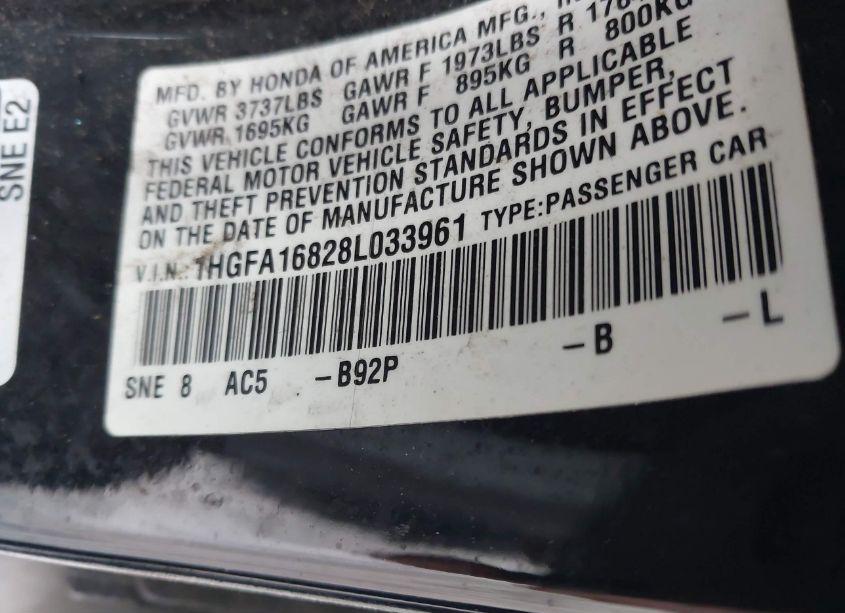 Photo 9 of 2008 Honda Civic EX (VIN 1HGFA16828L033961)