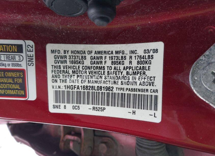 Photo 9 of 2008 Honda Civic EX (VIN 1HGFA16828L081962)