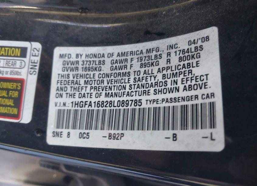 Photo 9 of 2008 Honda Civic EX (VIN 1HGFA16828L089785)
