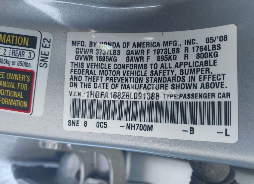 Photo 9 of 2008 Honda Civic EX (VIN 1HGFA16828L091388)