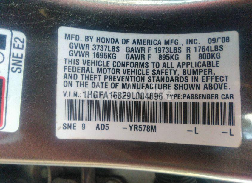 Photo 9 of 2009 Honda Civic EX (VIN 1HGFA16829L004896)