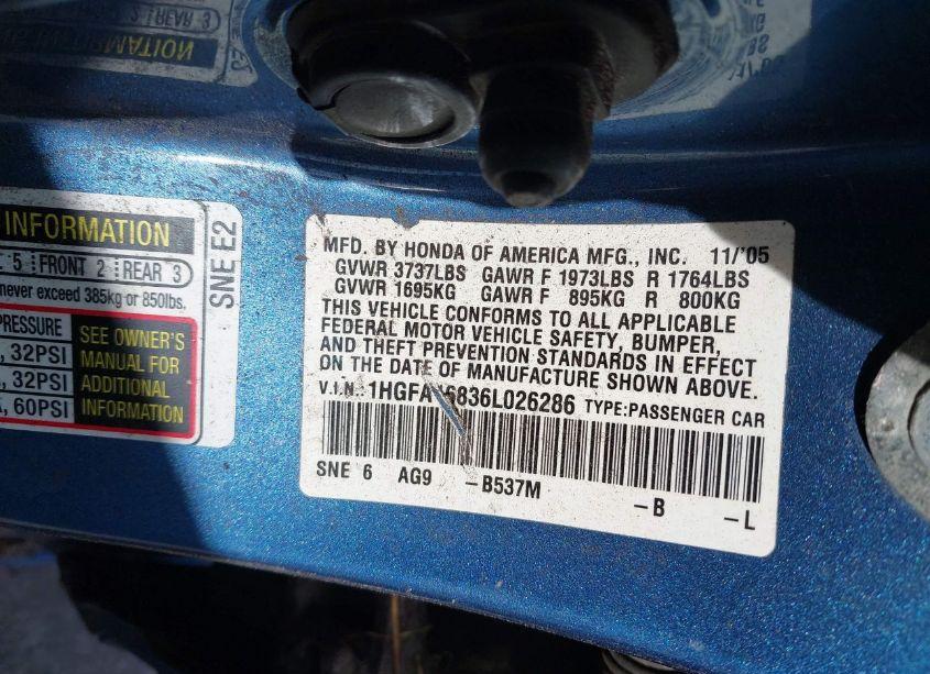 Photo 9 of 2006 Honda Civic EX (VIN 1HGFA16836L026286)