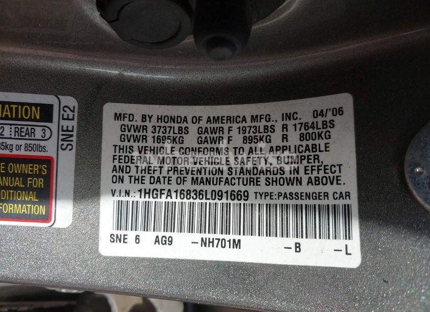 Photo 9 of 2006 Honda Civic EX (VIN 1HGFA16836L091669)