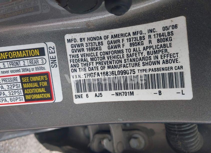 Photo 9 of 2006 Honda Civic EX (VIN 1HGFA16836L099075)