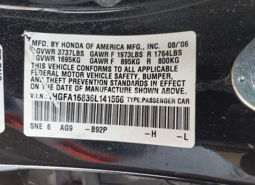 Photo 9 of 2006 Honda Civic EX (VIN 1HGFA16836L141566)