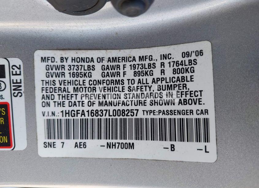 Photo 9 of 2007 Honda Civic EX (VIN 1HGFA16837L008257)