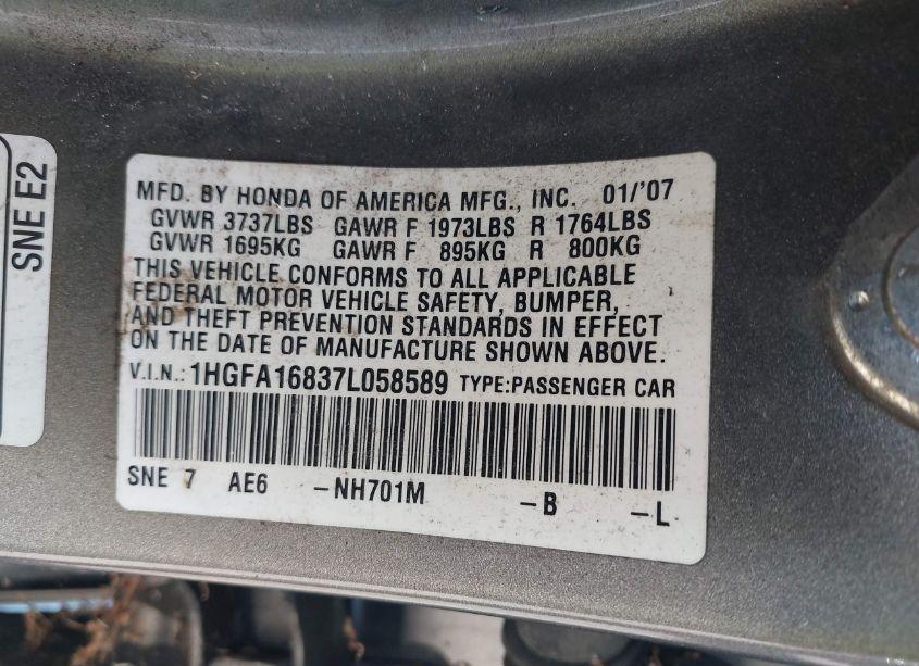 Photo 9 of 2007 Honda Civic EX (VIN 1HGFA16837L058589)