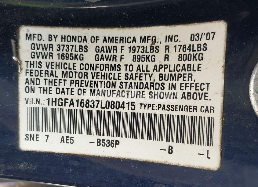 Photo 9 of 2007 Honda Civic EX (VIN 1HGFA16837L080415)