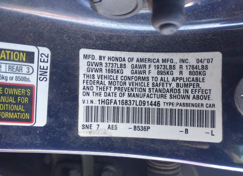 Photo 9 of 2007 Honda Civic EX (VIN 1HGFA16837L091446)