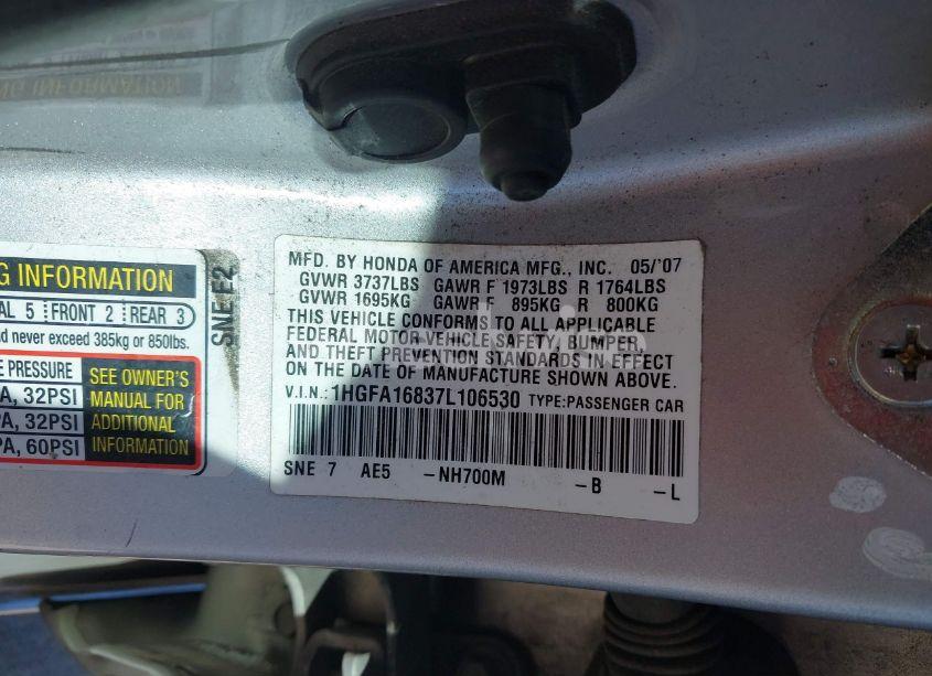 Photo 9 of 2007 Honda Civic EX (VIN 1HGFA16837L106530)