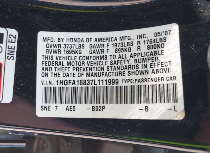 Photo 9 of 2007 Honda Civic EX (VIN 1HGFA16837L111999)