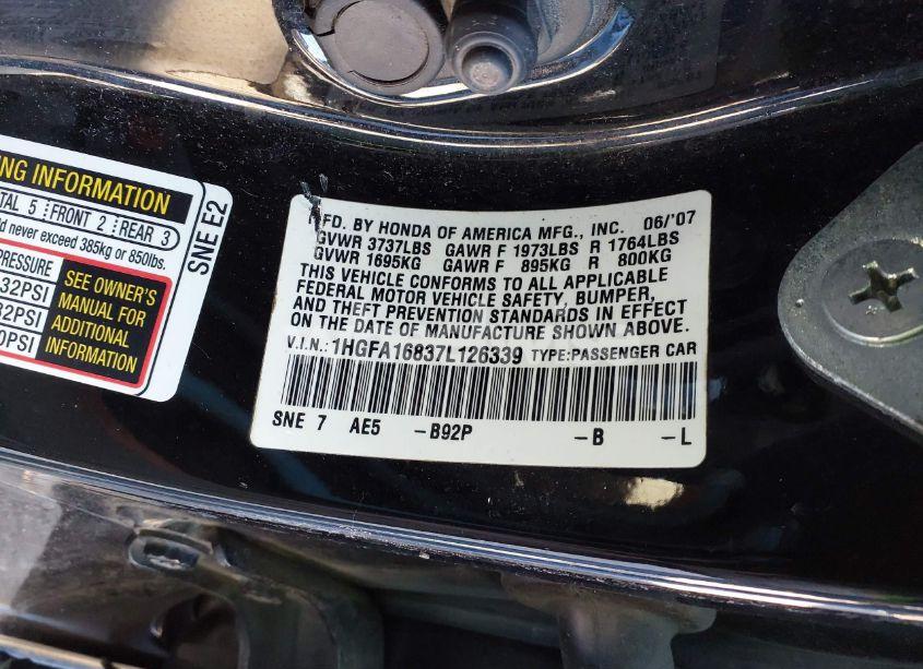 Photo 9 of 2007 Honda Civic EX (VIN 1HGFA16837L126339)