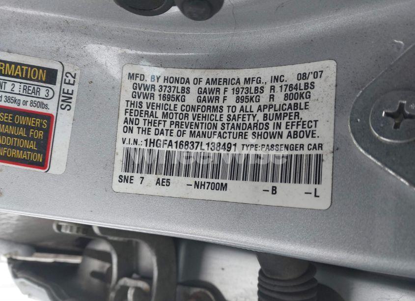 Photo 9 of 2007 Honda Civic EX (VIN 1HGFA16837L138491)