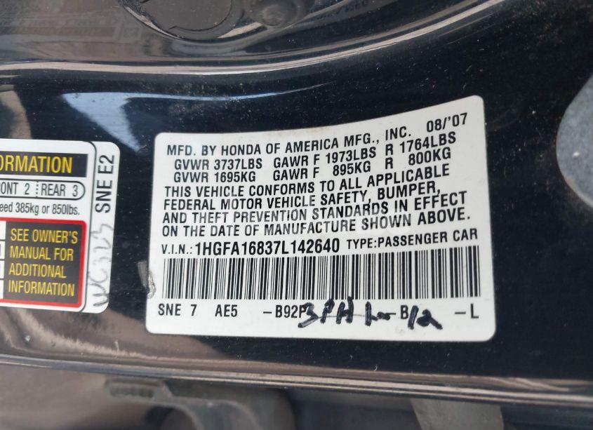 Photo 9 of 2007 Honda Civic EX (VIN 1HGFA16837L142640)