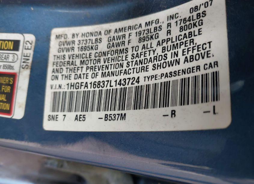 Photo 9 of 2007 Honda Civic EX (VIN 1HGFA16837L143724)