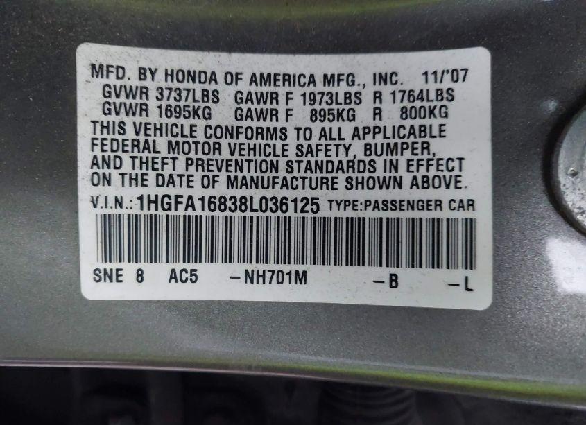 Photo 9 of 2008 Honda Civic EX (VIN 1HGFA16838L036125)