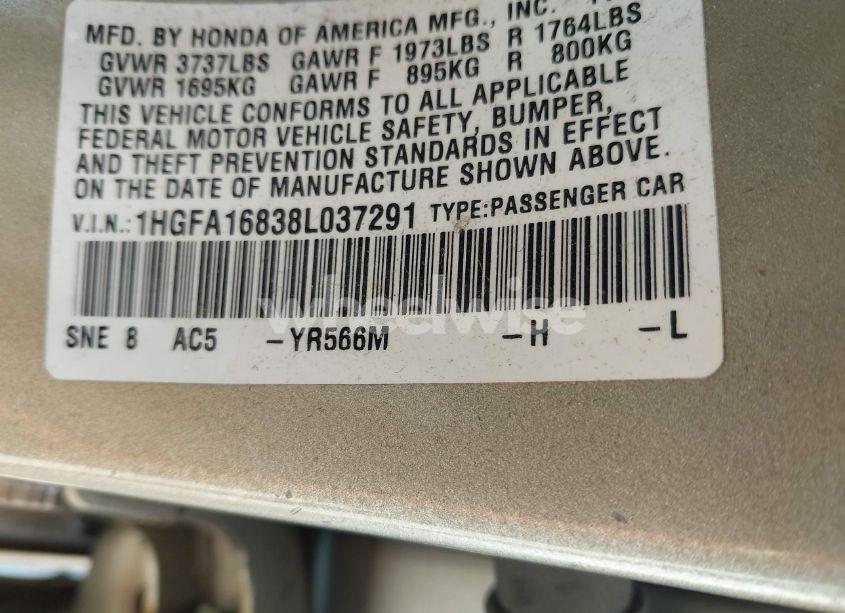 Photo 9 of 2008 Honda Civic EX (VIN 1HGFA16838L037291)