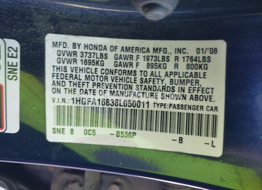 Photo 9 of 2008 Honda Civic EX (VIN 1HGFA16838L050011)