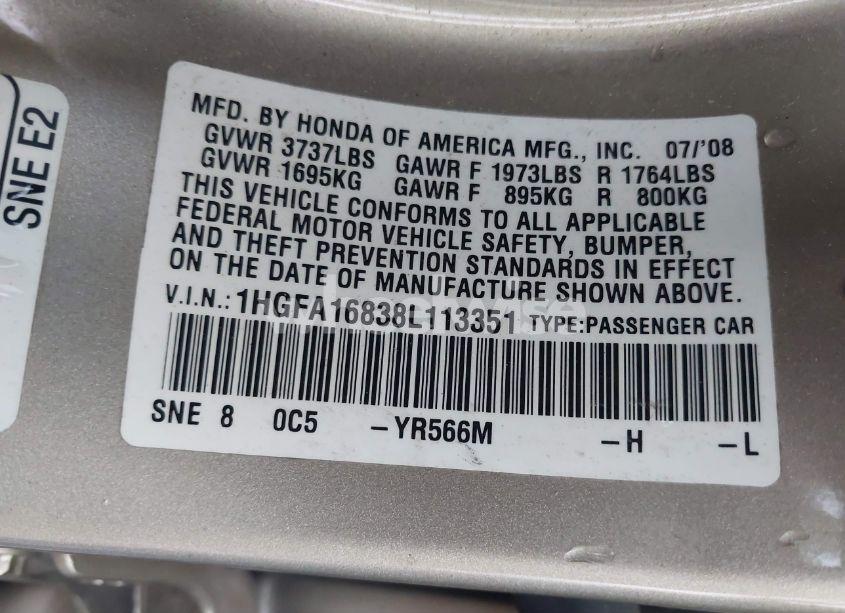 Photo 9 of 2008 Honda Civic EX (VIN 1HGFA16838L113351)