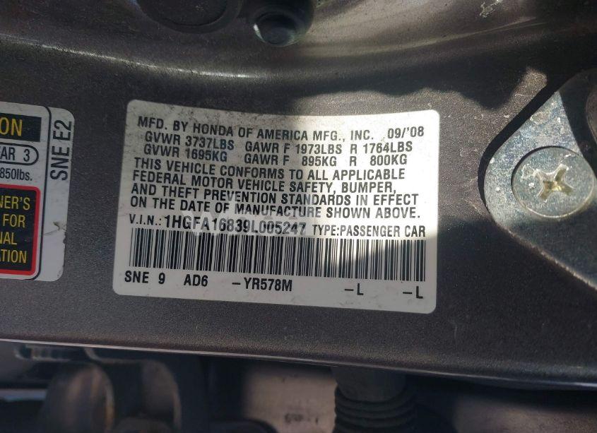 Photo 9 of 2009 Honda Civic EX (VIN 1HGFA16839L005247)