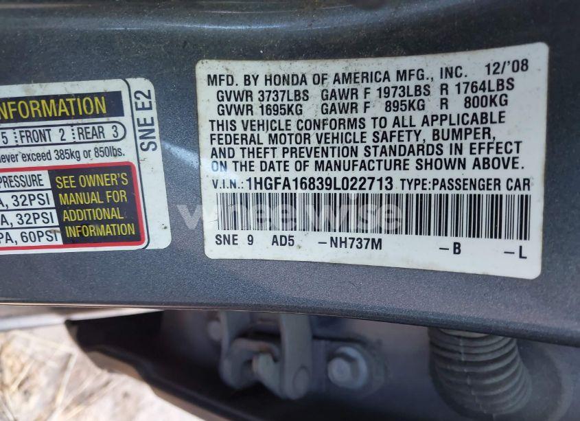 Photo 9 of 2009 Honda Civic EX (VIN 1HGFA16839L022713)