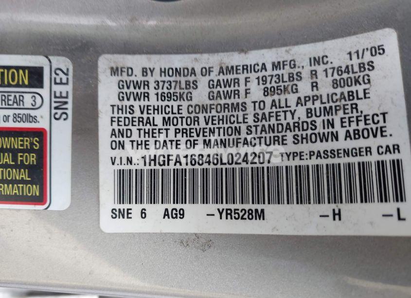 Photo 9 of 2006 Honda Civic EX (VIN 1HGFA16846L024207)