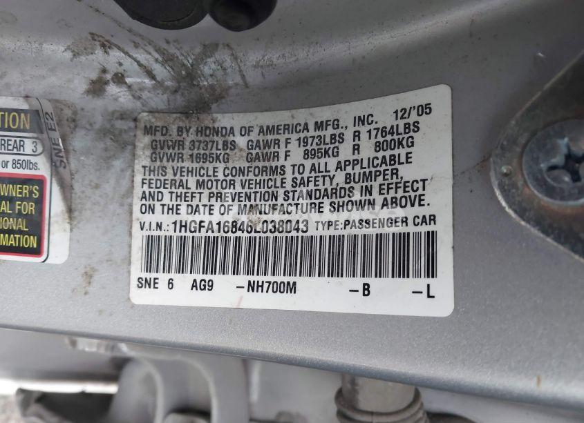 Photo 9 of 2006 Honda Civic EX (VIN 1HGFA16846L038043)