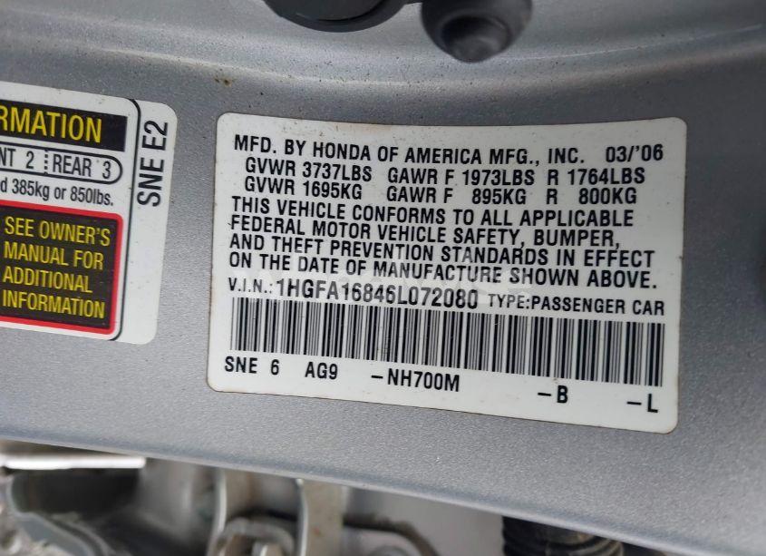 Photo 9 of 2006 Honda Civic EX (VIN 1HGFA16846L072080)