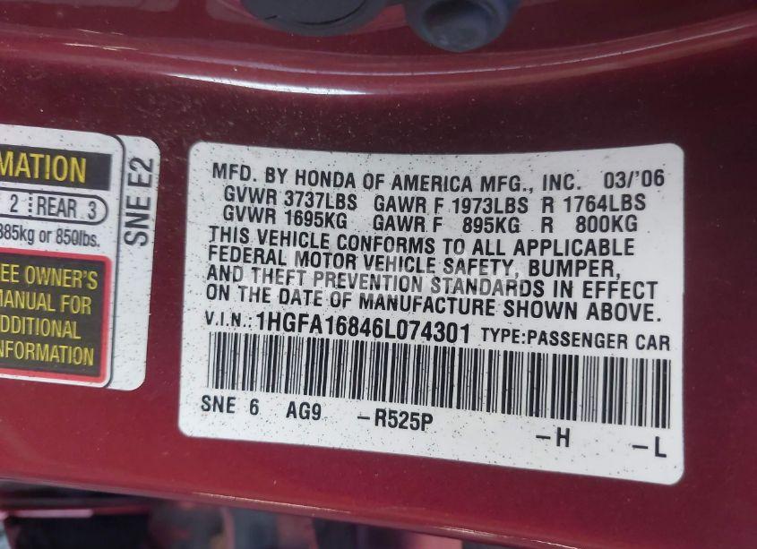 Photo 9 of 2006 Honda Civic EX (VIN 1HGFA16846L074301)
